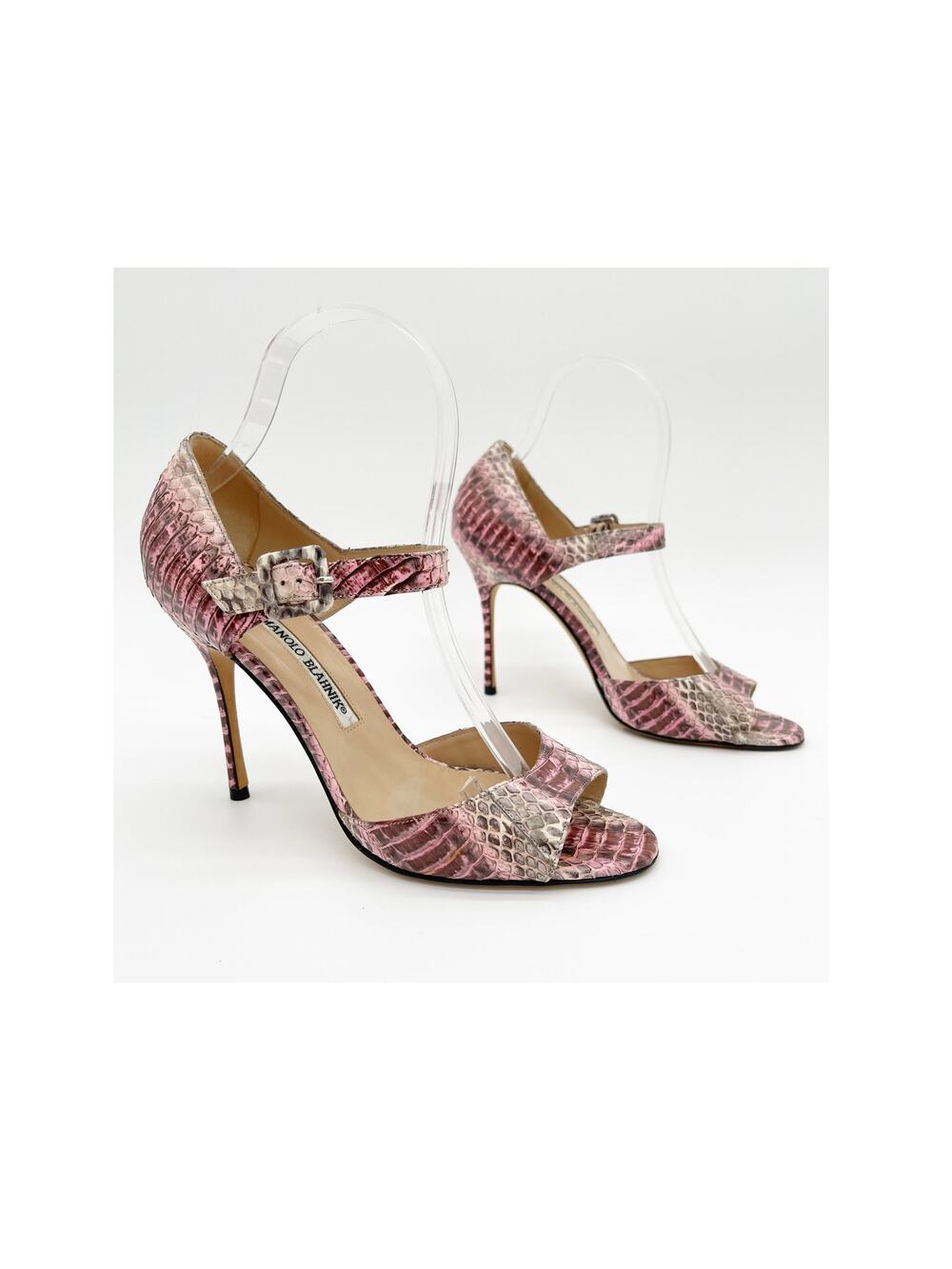 Manolo Blahnik Vintage Pink Python Mary Jane Ankle Strap Stiletto Sandals IT 37